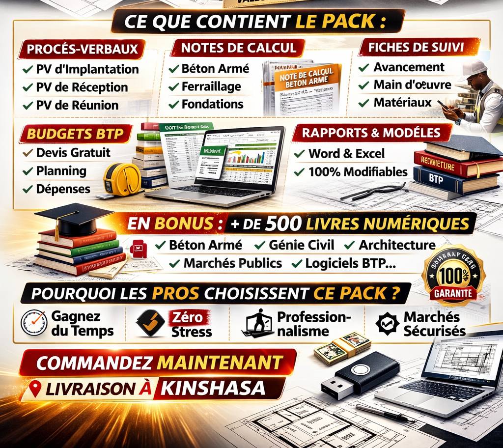 Pack de Fichiers Professionnels BTP et Génie Civil (Gestion de Chantier – Métré – Béton – Ferraillage, et autres…) livraison a domicile-Kinshasa-Lubumbashi sur clé USB, Prix : 30$