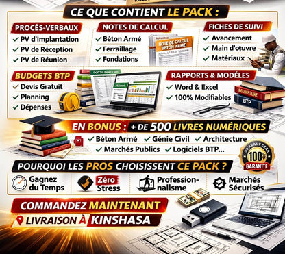 Pack de Fichiers Professionnels BTP et Génie Civil (Gestion de Chantier – Métré – Béton – Ferraillage, et autres…) livraison a domicile-Kinshasa-Lubumbashi sur clé USB, Prix : 30$