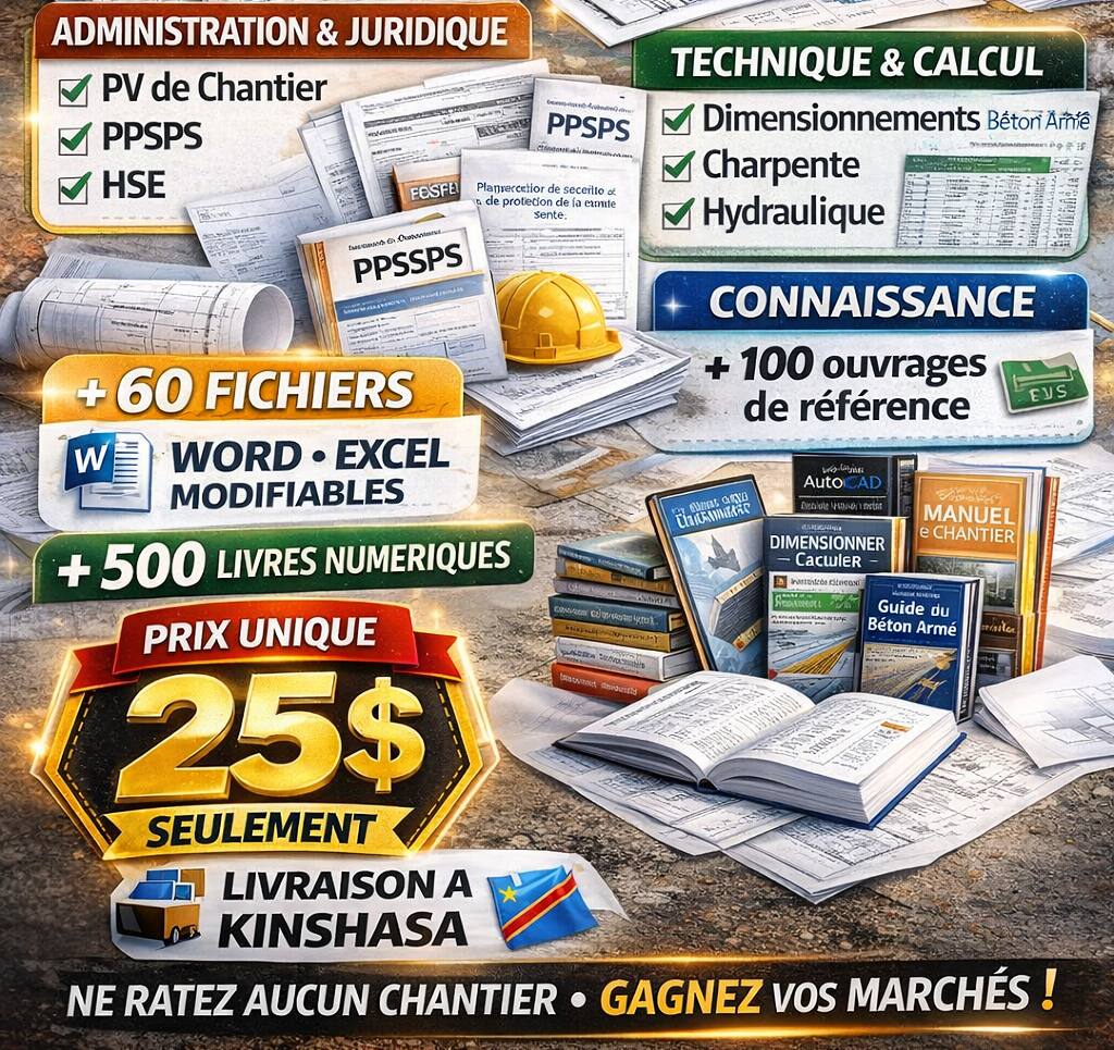 Pack de Fichiers Professionnels BTP et Génie Civil (Gestion de Chantier – Métré – Béton – Ferraillage, et autres…) livraison a domicile-Kinshasa-Lubumbashi sur clé USB, Prix : 30$
