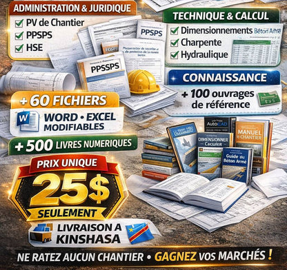 Pack de Fichiers Professionnels BTP et Génie Civil (Gestion de Chantier – Métré – Béton – Ferraillage, et autres…) livraison a domicile-Kinshasa-Lubumbashi sur clé USB, Prix : 30$