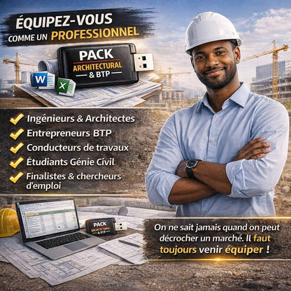 Pack de Fichiers Professionnels BTP et Génie Civil (Gestion de Chantier – Métré – Béton – Ferraillage, et autres…) livraison a domicile-Kinshasa-Lubumbashi sur clé USB, Prix : 30$